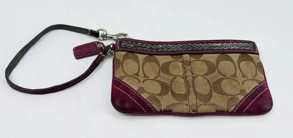 Coach Signature Canvas Wristlet Wallet Pouch Purple Khaki Zip Clutch China